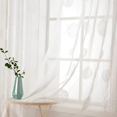 Imagen de MIULEE Cortinas Salon Modernas con Bordado Hortensias, Dormitorio Translucidas 2 Piezas Ojales, Decorativas Visillos para Ventanas Habitacion (2X A 140 x L 260 cm, Flores Blancas)