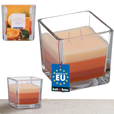 Imagen de KOTARBAU® Vela perfumada en frasco de cristal, Aroma agradable, Velas decorativas, vaso aromática, Duración 32 h, a naranja, tricolor con 2 mecha