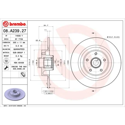 Imagen de BREMBO BEARING DISC LINE 08.A239.27 Disco de freno 300 11 5 macizo con juego cojinetes rueda, anillo sensor ABS RENAULT: ESPACE 4, Vel Satis