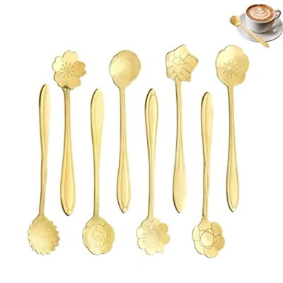 Imagen de LYTIVAGEN 8 PCS Cuchara de Flores Acero Inoxidable Café para Postres Girasol Cucharilla Dorado y Oro Rosa Creativa Mezclar Helados, Dulces, Té, Azúcar