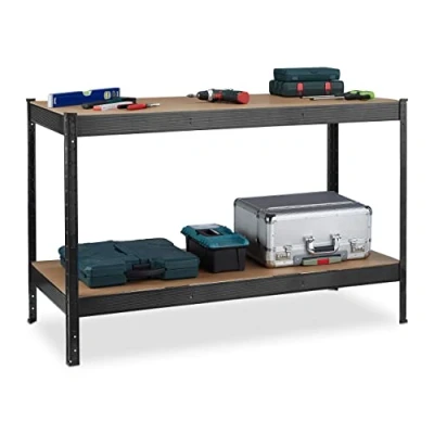 Imagen de Relaxdays Mesa de Trabajo, 600 kg, Banco Taller, 91 x 141 61 cm, 2 Niveles Regulables, Estante Acero y MDF, Negro, Tablero Fibras