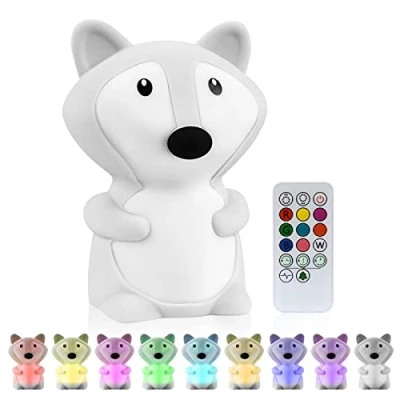 Imagen de Vicloon Luz de Noche Infantil Silicona, Lámpara Quitamiedos Portátil USB Nocturna Bebé Recargabl LED Brillos Ajustables Colores RGB con Mando, Niños Zorro Regalo para Habitación