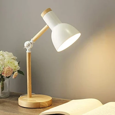 Imagen de Mengjay lámpara de escritorio giratoria madera E27 mesa retro con brazo articulado ajustable noche vintage estudio trabajo oficina