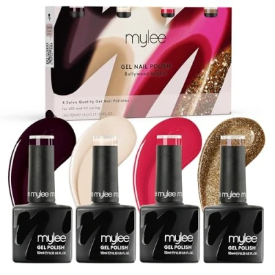 Imagen de Mylee Set de Esmalte Uñas en Gel Semipermanente 4x10ml [Bollywood Brights] UV/LED Nail Art Manicure Pedicure, Uso Profesional y Doméstico [Unveiled Collection] Larga Duración Fácil Aplicar