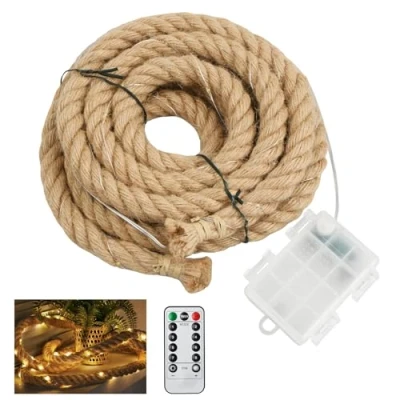 Imagen de Litinliv Guirnalda de Luces LED Cáñamo, 300cm, 60 LED, Funciona con Pilas y Control Remoto, 8 Modos Iluminación, Cuerda para Interior, Exterior, Jardin, Bodas