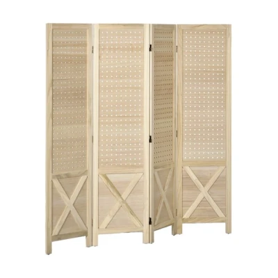 Imagen de HOMCOM Biombo de 4 Paneles Divisor Habitación Plegable 152x1,7x144,5 cm Separador Ambientes con Pantalla Privacidad Agujeros para Colgar Oficina Dormitorio Salón Natural