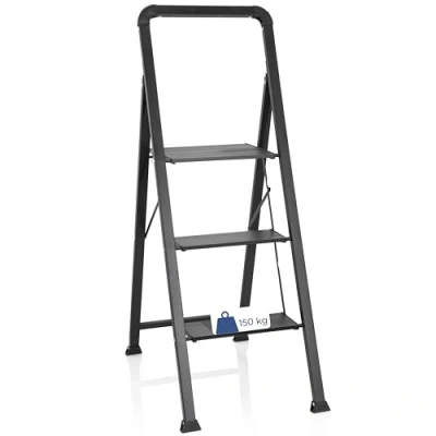 Imagen de hjh OFFICE Escalera plegable 3 Peldaños SOLID W6 de Aluminio con Pasamanos, Peso Máximo 150 kg, negro, 801206