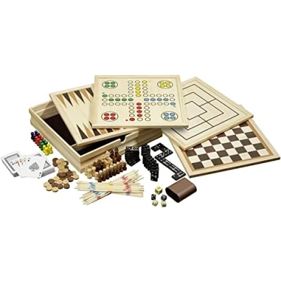 Imagen de Philos Wooden Game Compendium 30cm 8 in 1 Board Chess, Backgammon, Draughts, Nine Mens Morris, Ludo, Dominoes, Playing Cards and Mikado Games for Kids Adults