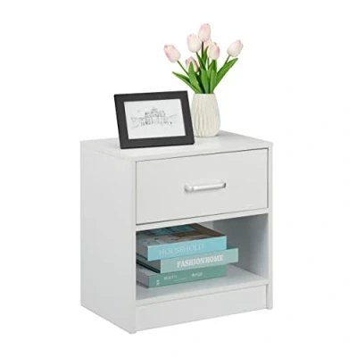 Imagen de Relaxdays Noche, con Cajón, Compartimento Abierto, 41,5x39x31cm, Mesa Cama Dormitorio, Mesita Auxiliar, Blanca, Tablero de Fibras