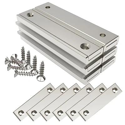 Imagen de Magnetpro 6 piezas Imanes rectangulares 30 KG Kraft 60 x 13,5 5 mm con contrapartes y orificio avellanado, imán en recipiente doméstico e industrial tornillos