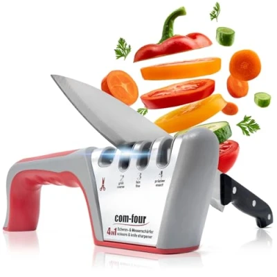 Imagen de COM FOUR® Afilador de cuchillos premium con 4 niveles Apto para tijeras manual profesional (1 pieza color plateado. Gris. rojo)