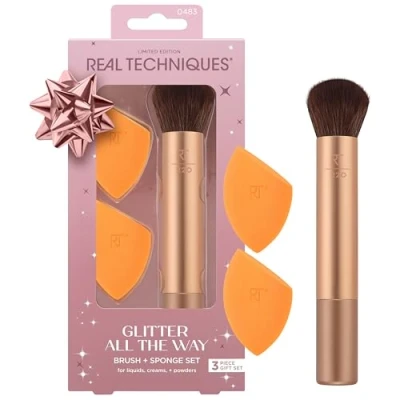 Imagen de Real Techniques Glitter All The Way Brush + Sponge Kit, 3 Piece Limited Edition Gift Set