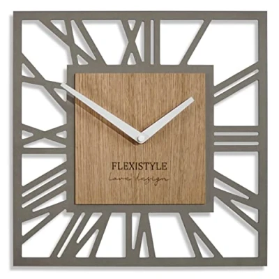 Imagen de FLEXISTYLE Reloj de Pared sin Ruido tictac, Moderno, Loft Piccolo Square 30 cm, Sala Estar, baño (Roble Gris Gris)