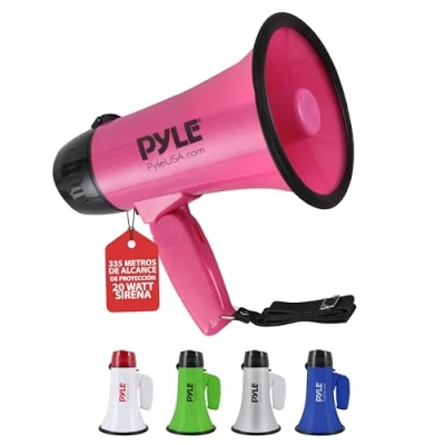 Imagen de Pyle megafono, Portatil, Altavoz, Sirena, Compacto, Funciona con Pilas, Potencia de 20V, Microfono, Sonido PA, Mango Plegable, Ideal para policias, Porristas, Entrenadores
