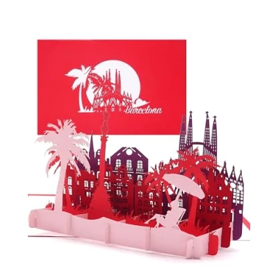 Imagen de Tarjeta de felicitación &quot;Barcelona&quot; 3D desplegable con silueta y Sagrada Familia ciudades como recuerdo, invitación cupón viaje para España vacaciones City Trip Barcelona
