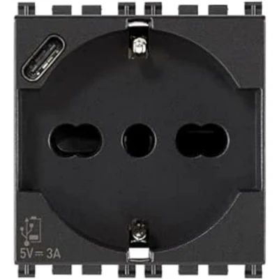Imagen de Vimar 19210.USB Arké toma 2 módulos SICURY 2P+T 16A 250V universal estándar italiano P40 y salida USB tipo C 5V 3A para carga rápida, gris