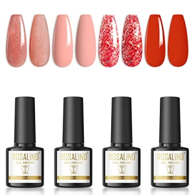 Imagen de ROSALIND Esmaltes Semipermanentes Para Uñas Desnudo Rosa Rojo Brillo 8ml Pintauñas Gel Permanentes UV LED Nail Polish 4pcs