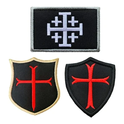 Imagen de 3 piezas Caballero Templario Cruz Escudo Bordado Moral Militar Parche Compatible con Velcro para Ropa Bolsas Mochila Chaleco Uniforme Arnés Perro Táctica