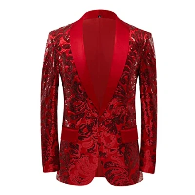 Imagen de PYJTRL Chaqueta de Traje con diseño Floral Lentejuelas Raso Estilo los Hombres (M, Rojo)