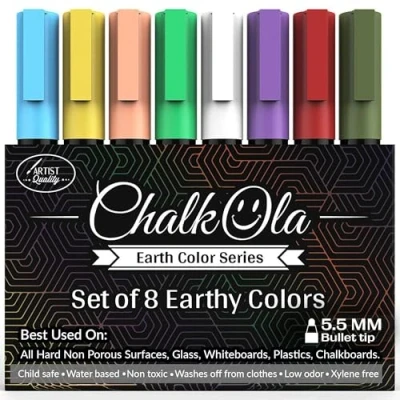 Imagen de Chalkola rotuladores de tiza liquida Paquete 8 en tonos tierra Para uso pizarras, encerados, tableros, los vidrios bistrós punta redonda 6 mm