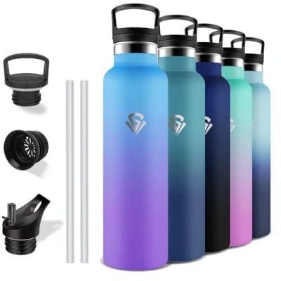 Imagen de Grsta Botella Agua 1 litro, Acero Inoxidable, A Prueba de Fugas, con Pajita, sin Bpa, Doble Aislamiento, para la Deportes, Cámping, Senderismo, Gimnasio, Yoga