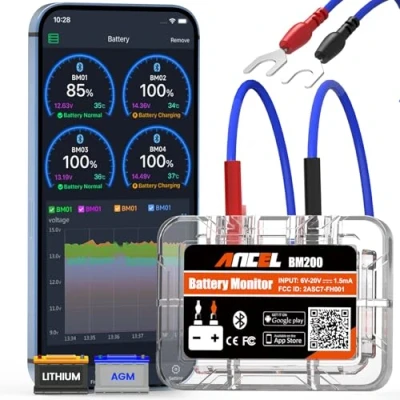 Imagen de ANCEL BM200 Monitor de Batería Bluetooth 4.2, 12V Probador Coche, Prueba para Baterías Litio y Plomo ácido con Alarma Carga Arranque Registro Voltaje