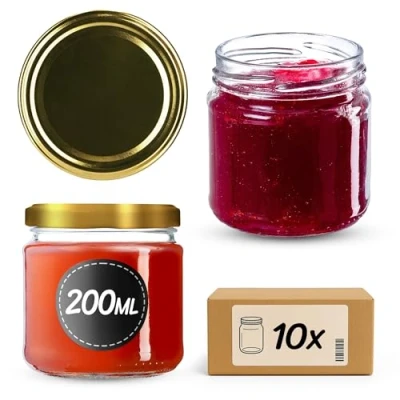 Imagen de KADAX Tarros Pequeños de 200 ml, Botes Cristal con Tapa Hermética 66 mm para Miel, Conservas, Especias y Mermeladas (10 Unidades, Dorado)