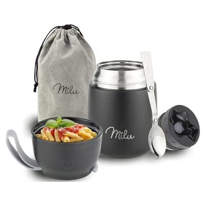 Imagen de Milu Termo para Comida 300ml, 440ml, 450ml, 650ml, 800ml Taza Aislada, Botella de Acero Inoxidable Aislada Alimentos, Beber y sopa los niños adultos A prueba fugas Térmico (450ml/Negro)