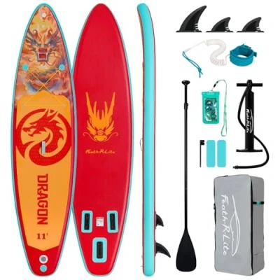 Imagen de FEATH R LITE Tabla de Paddle Surf Inflable Multifuncional con Bomba Manual, Mochila Sup, Correa, Remo Ajustable, para Adultos Todos los Niveles Habilidad (Dragón Naranja)