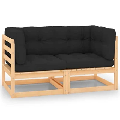 Imagen de vidaXL 2X Madera Maciza de Pino Sofás Esquina Jardín Cojines Mobiliario Muebles Exterior Patio Terraza Hogar Silla Asiento Suave Robusto Estable