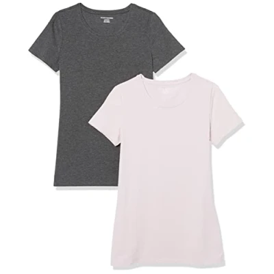 Imagen de Amazon Essentials Camiseta de Cuello Caja Manga Corta y Ajuste Clásico Mujer, Pack 2, Carbón Mezcla/Morado Claro, XL