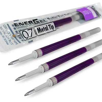 Imagen de 4 recambios Pentel EnerGel de 0,7 mm, con punta metal, LR7, que se ajusta a Xm, BL77, BL57 y BL37, color violeta