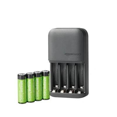 Imagen de Amazon Basics pilas recargables NiMH con cargador de 4 ranuras, enchufe la UE, Paquete AA 2000mAh, Negro