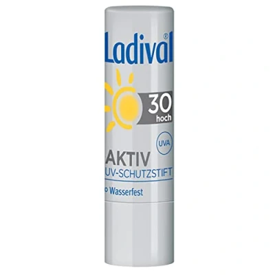 Imagen de Ladival Lápiz protector UV activo SPF 30 Cuidado de labios con protección solar UVA y B aceites vegetales sabor a vainilla sin colorantes ni conservantes Resistente al agua 1 x 4,8