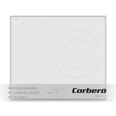 Imagen de Corberó Placa Inducción 3 Zonas CCIM3720W Potencia 7200W Touch Control Boosters Zona Grande 30 Cm Temporizador 99 Min Desconexión Automática de Seguridad, Blanco