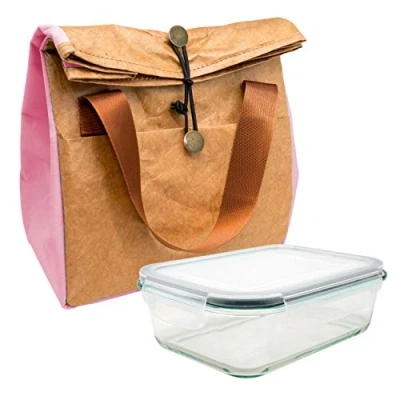Imagen de NERTHUS FIH 697 Bolsa termica Porta Alimentos Diseño con Tyvek de estraza y Detalle Color Rosa + 1 Hermético Litro Cristal