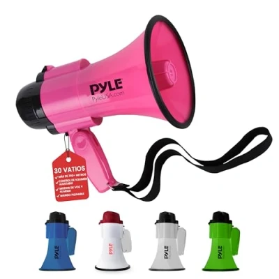 Imagen de Pyle megafono, Portatil, Altavoz, Sirena, Compacto, Funciona con Pilas, Potencia de 30V, Microfono, Sonido PA, Mango Plegable, Ideal para policias, Porristas, Entrenadores