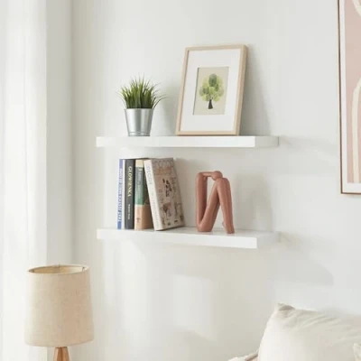 Imagen de [en.casa] Estantería Pared Stranda de 2 Estantes Juego Baldas Flotantes para Sala Baño Cocina Dormitorio Despacho MDF Metal 60x20x3,5cm Blanco
