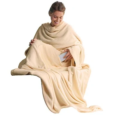 Imagen de Celin ATEX Manta con Mangas 150 x 180 cm + 35 Soporte Funda Colcha Microfibra Supersuave TV Forro Polar Beige