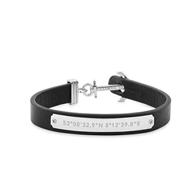 Imagen de Paul Hewitt Brazalete con Ancla y Grabado de coordenadas Signum Pulsera Cuero Negro para Mujer, Accesorio acero Inoxidable bañado en Plata