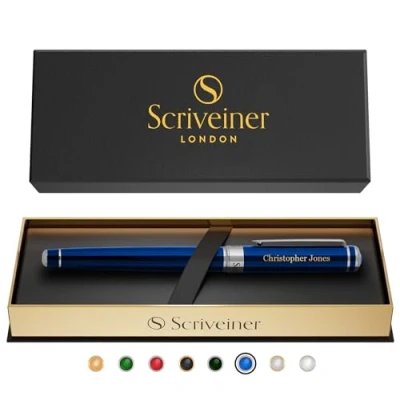 Imagen de Scriveiner pluma personalizada Azul Medianoche: elegante de laca azul, acabado cromado, recarga tinta Schmidt, regalo grabado ideal para hombres y mujeres, con personalizado
