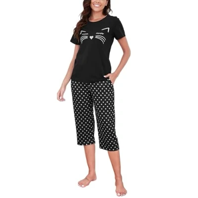 Imagen de Conjunto de Pijama Mujer Algodón Manga Corta y Pantalones 3/4 Dos Piezas Gato Estampado Cuello Redondo Top Recortados Comodo Conjuntos para Hogar Otoño Suave Pjs Loungewear Casual