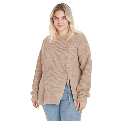 Imagen de Trendyol Jersey de Punto con Cuello Redondo y Ajuste Regular Talla Sudadera, Beige, 4XL Grande para Mujer