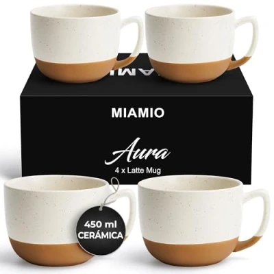 Imagen de MIAMIO Juego de 4 Tazas Latte Cerámica 450 ml Moderno y Elegante para Café, Latte, Té, Chocolate Caliente Bebidas Aptas Lavavajillas Microondas Colección Aura