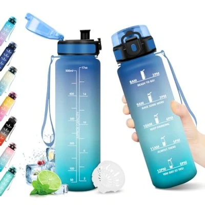 Imagen de Botella Agua 500ml, Cantimplora con Marca de Tiempo, Filtro, Gimnasio, Reutilizable y sin BPA, Motivacional para Escuela, Oficina, Cámping, Running, Bicicleta