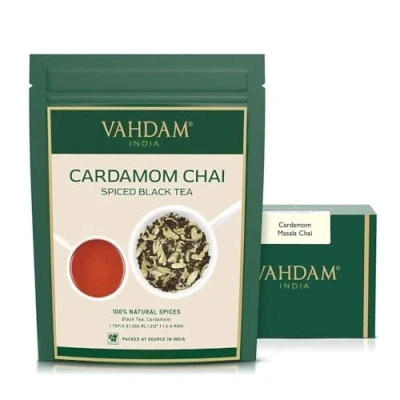 Imagen de VAHDAM, hojas sueltas de té cardamomo Chai (100 tazas) El tradicional la India con especias Preparar caliente, helado o Latte Masala Tea 200gr