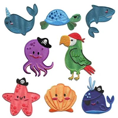 Imagen de Piratas Animales Set 8 Piezas Parches Termoadhesivos Bordados Aplique Para Ropa