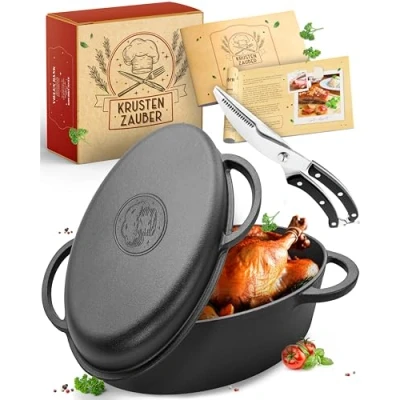Imagen de KRUSTENZAUBER Cacerola de hierro fundido con tapa 38 cm, apta para horno, incluye tijeras aves, 9 kg, olla ideal XXL, inducción, sartén