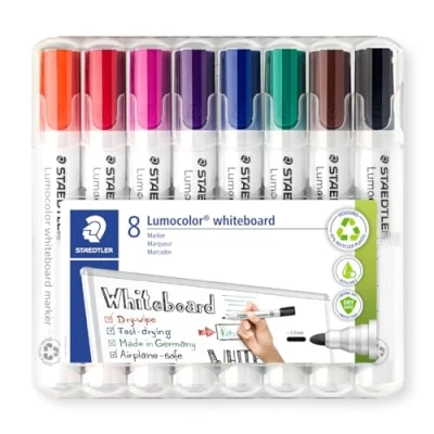 Imagen de Staedtler 351WP8 Rotuladores para pizarra blanca Lumocolor, inodoro, secado rápido y recargable, paquete de 8 unidades, Multicolor