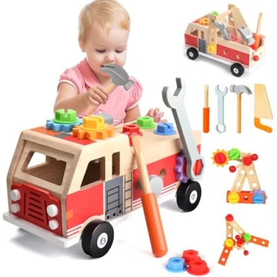 Imagen de Caja de Herramientas Madera para Niños 2 3 4 5 Años, Juguetes Montessori con 30 Piezas, Coche Educativos y Niñas (Camión Bomberos)